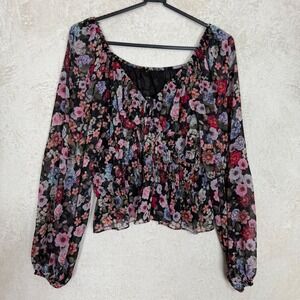 Black Floral Sheer Blouse Puff Sleeve Smocked Waist Romatic Cottagecore Size M